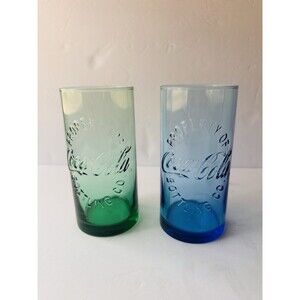 Property of Coca-Cola Bottling Co.” Glass Tumblers Blue & Green Set of 2